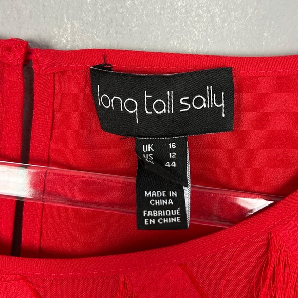 Long Tall Sally size 12 fringe dress red short sleeve chiffon lined side zip - Picture 10 of 13